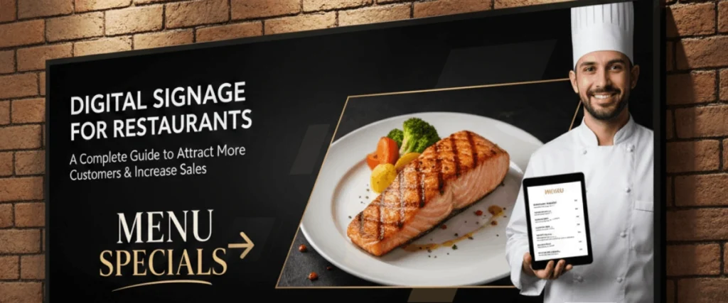 Digital signage in a restaurant displaying digital menus, food images, and promotional offers on indoor and outdoor LED screens