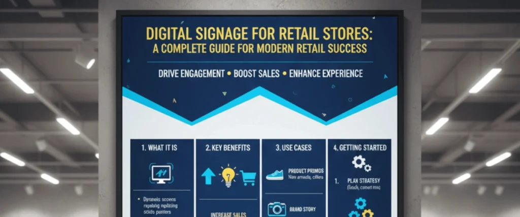 Digital signage screens inside and outside a retail store displaying promotions, product videos, and brand messages to attract customers