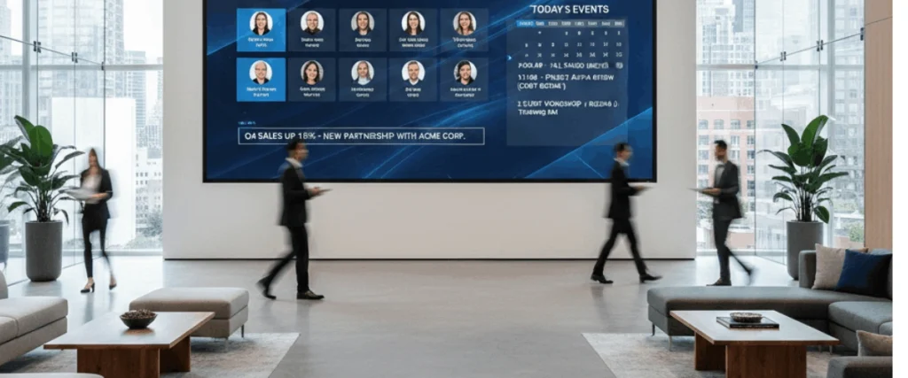 Digital signage screen installed in a corporate office displaying company announcements and branding content