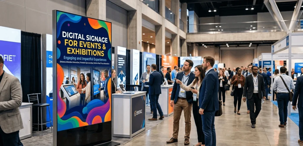 Digital signage display at a large exhibition booth showing promotional video content