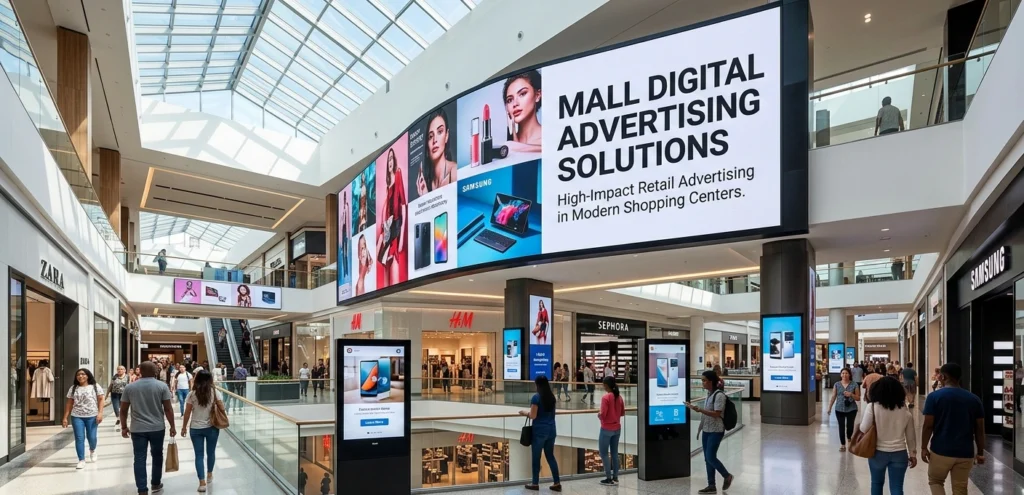 Large LED digital advertising screen inside a modern shopping mall