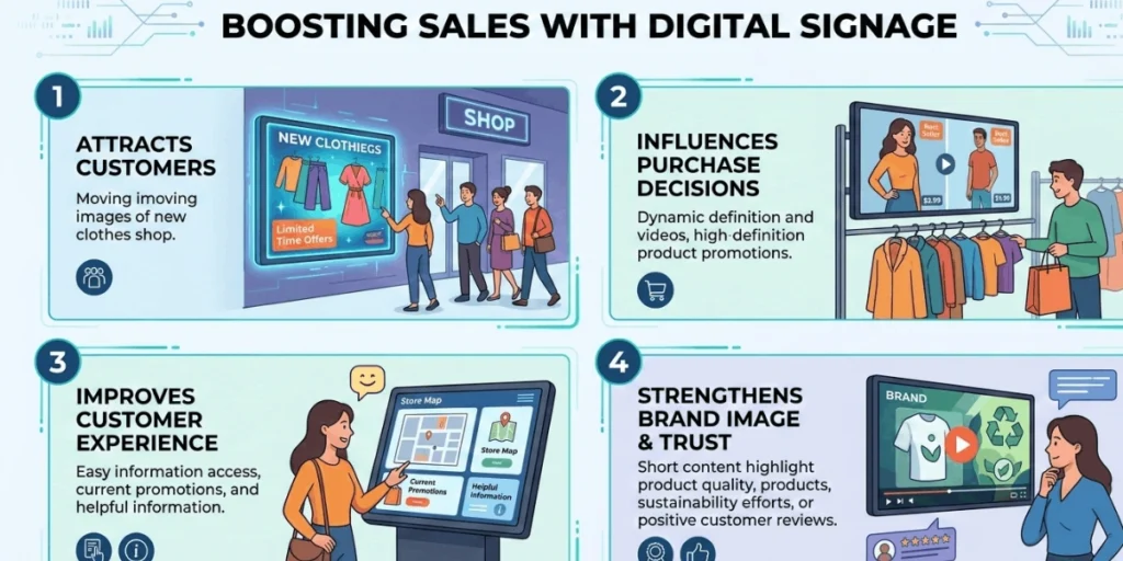 Digital signage screen in retail store promoting discounts and increasing customer engagement
