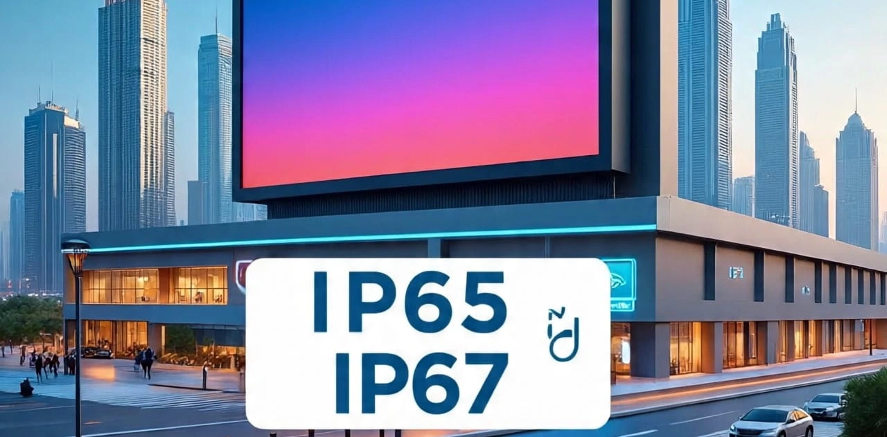 Outdoor LED screen showing protection against dust and water with IP65 and IP67 rating concept for UAE climate conditions