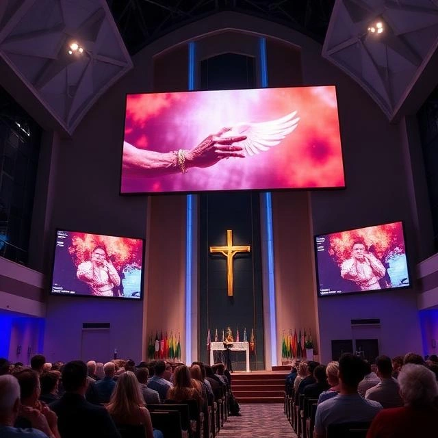 Small church interior with a fine pixel pitch LED screen providing sharp image quality, vibrant colours, and readable text for shorter viewing distances.