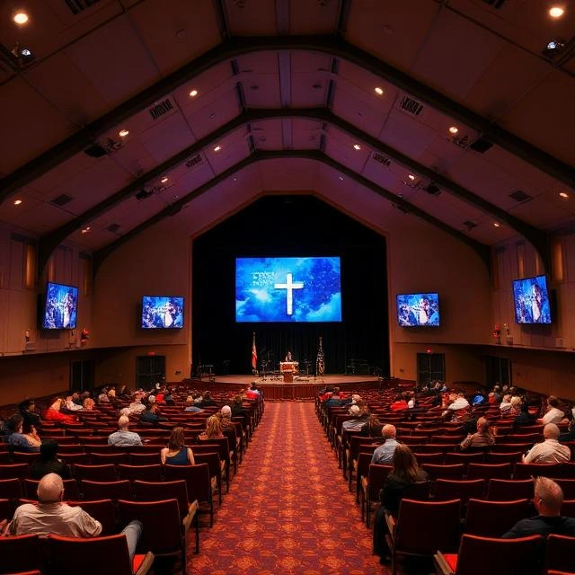 Spacious church sanctuary showing seating capacity, stage dimensions, ceiling height, and auditorium layout to evaluate the best LED screen size and installation location for worship services.
