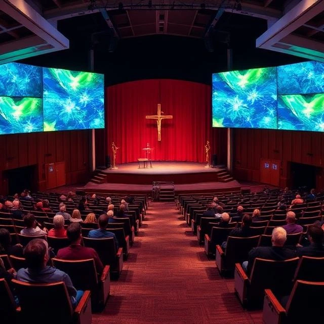 Large church sanctuary featuring a wide LED video wall above the stage, providing clear worship lyrics, sermon visuals, and live video for congregants seated throughout the auditorium.