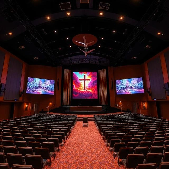 Spacious church auditorium equipped with multiple LED screens positioned around the worship space to improve visibility for every member of the congregation.