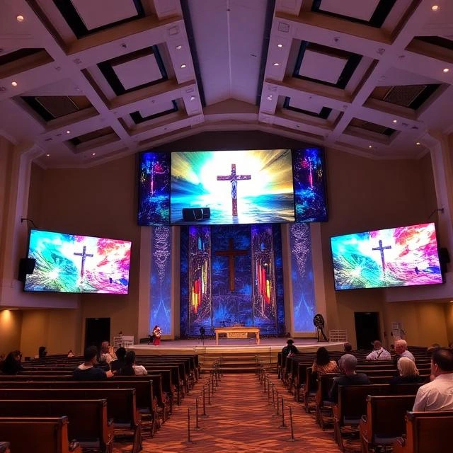 Large church sanctuary featuring a wide LED video wall that delivers clear sermon visuals, worship lyrics, live camera feeds, and multimedia content to a large congregation.