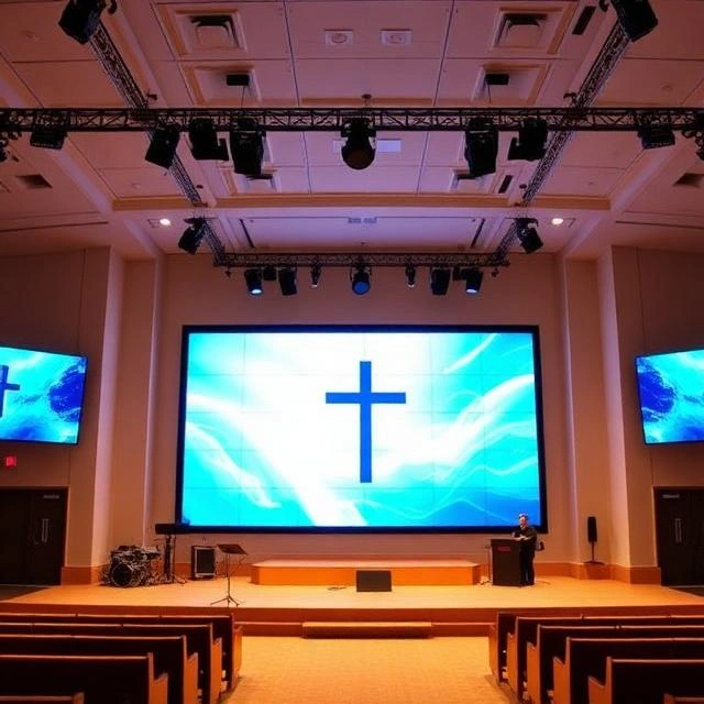 Church stage with worship platform and lighting setup, highlighting the importance of stage dimensions, ceiling height, and installation space when choosing an LED display.