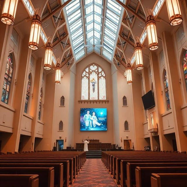 Small church worship space with a fine pixel pitch LED display delivering sharp images and readable text for congregations seated at shorter viewing distances.
