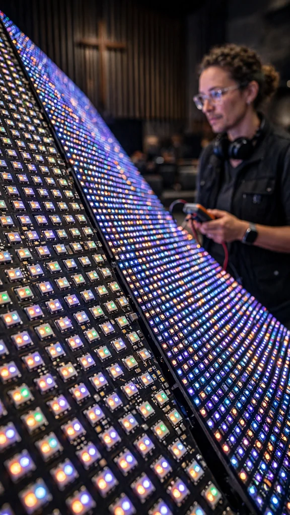 Indoor LED display showing Bible verses during a church service