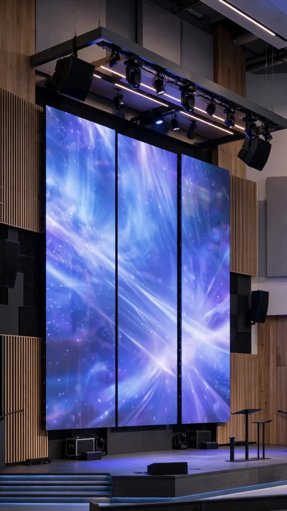 Church stage featuring fine pixel pitch LED screen and modern lighting