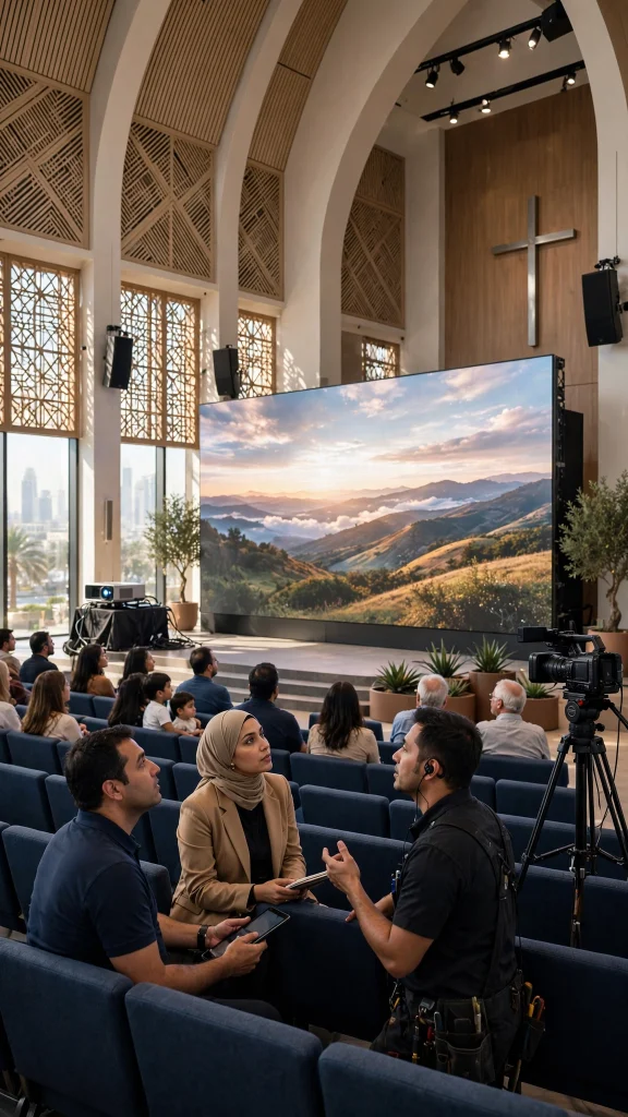 Professional LED screen installed inside a modern church sanctuary