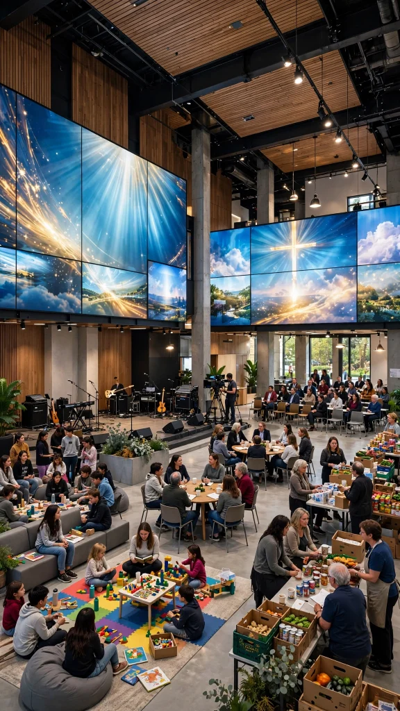 High-resolution LED video wall installed inside a modern church auditorium