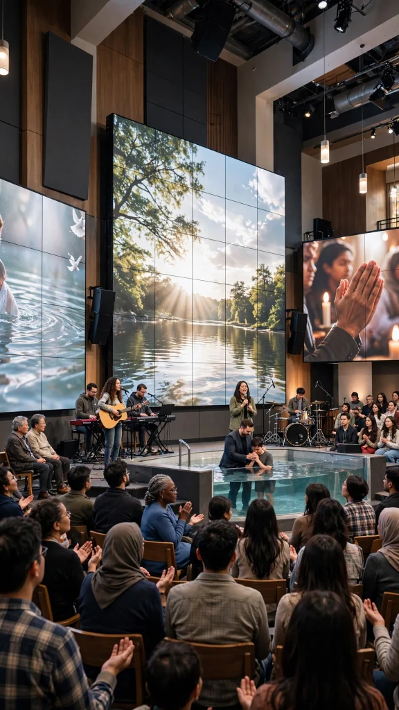 Worship service using a professional indoor LED display for song lyrics