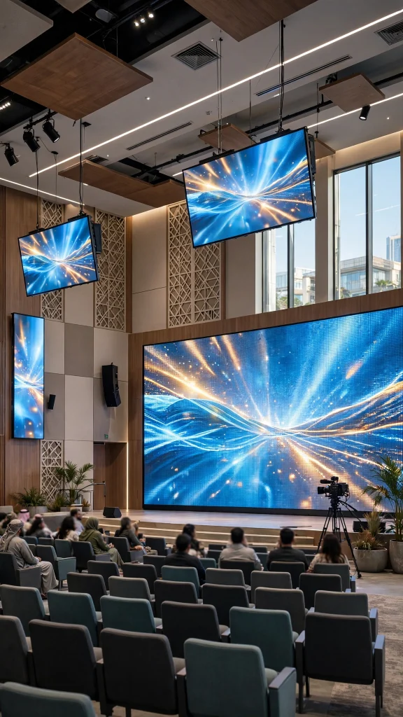Modern church sanctuary with large indoor LED display screen behind the worship stage