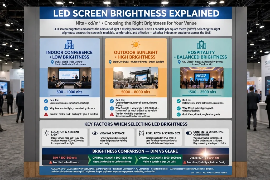 LED screen brightness for indoor and outdoor events