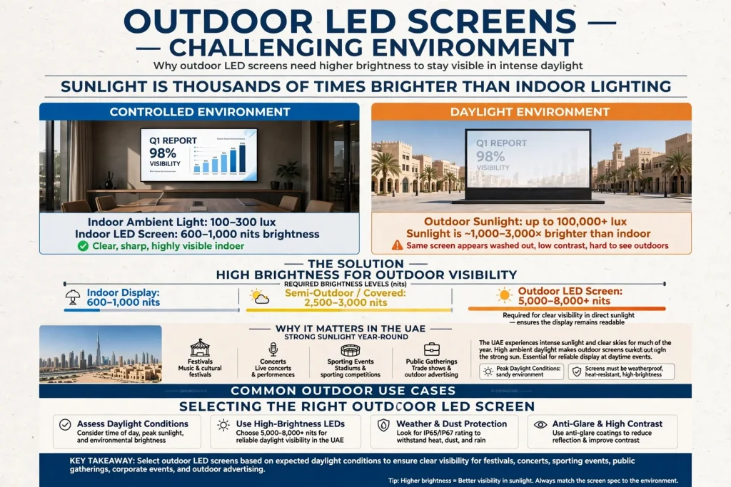 Bright outdoor LED screen displaying event content in daylight