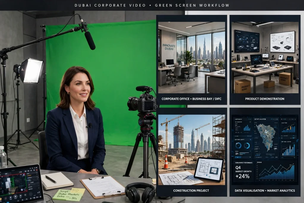 Green screen studio with professional lighting