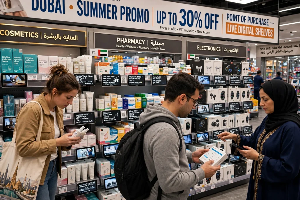 Shelf talker LCD display showing product promotions on a supermarket shelf
