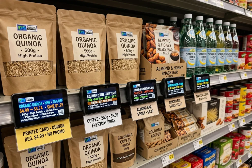 Digital shelf-edge LCD screen highlighting a special offer beside retail products