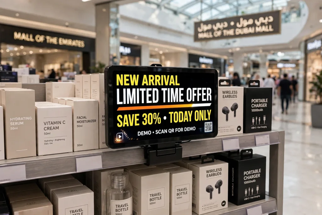 Compact LCD shelf talker displaying product information in a retail store