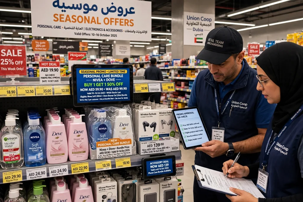 Shelf talker digital screen attracting customer attention near packaged products