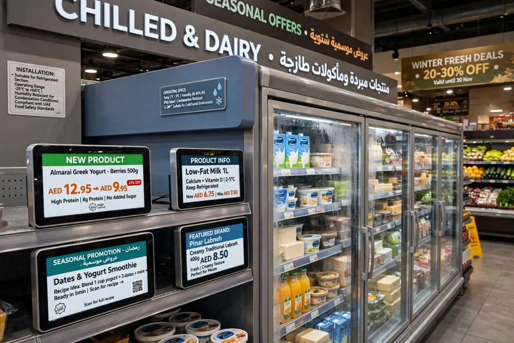LCD shelf talker displaying a discount message beside grocery products