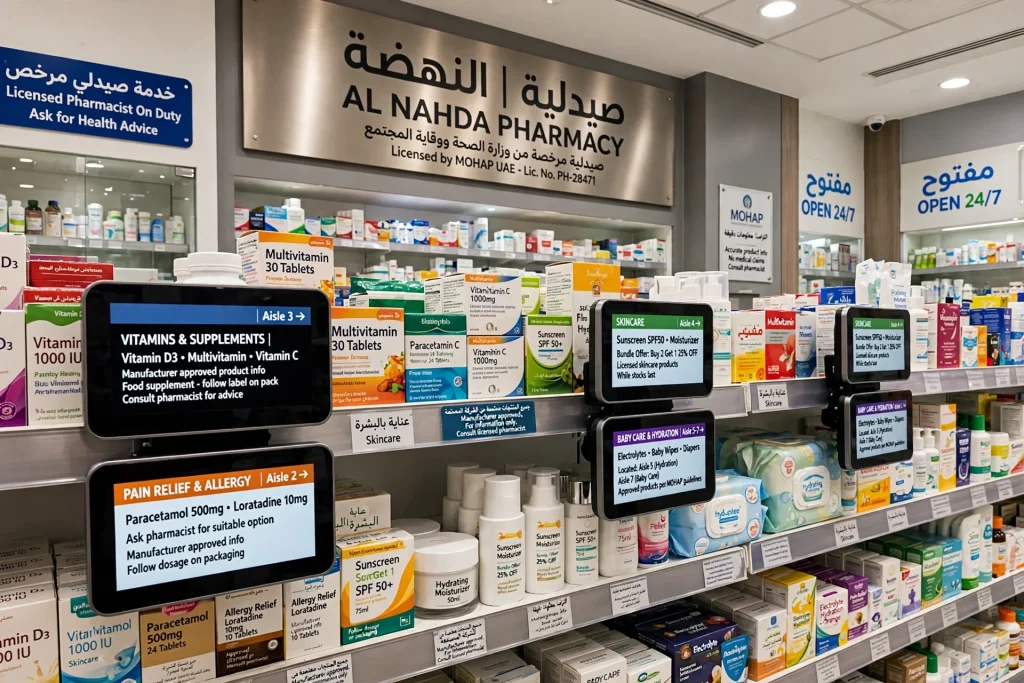 Retail shelf LCD display highlighting a featured product and its benefits