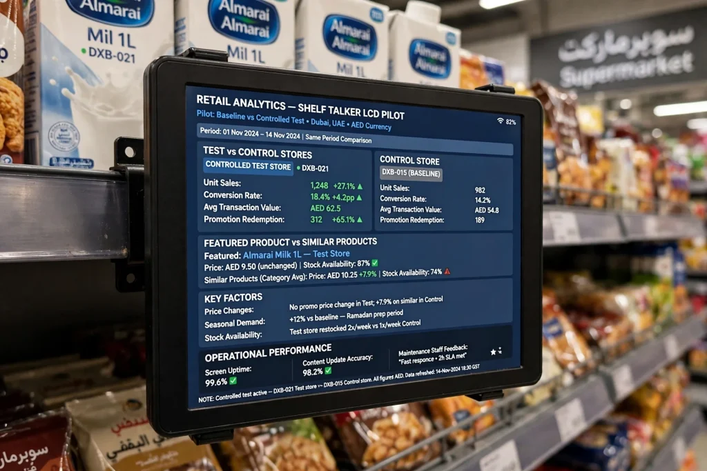 Small LCD advertising display mounted along a retail product shelf