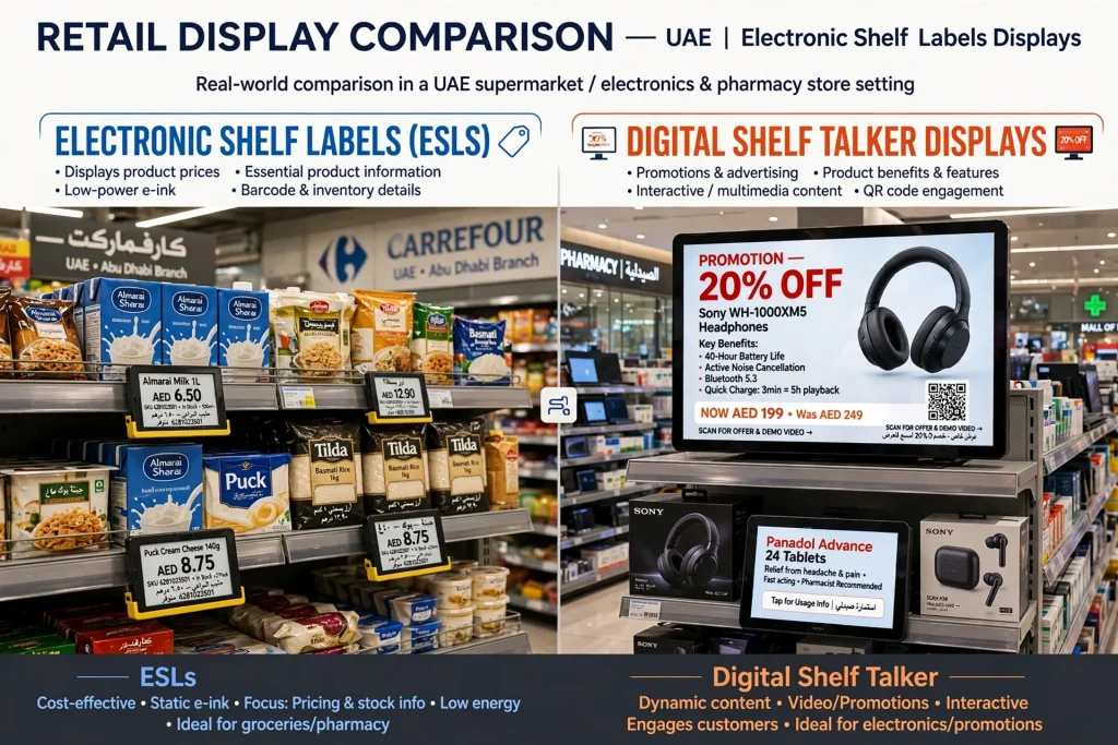 Electronic shelf labels vs digital shelf talker displays in a modern retail store
