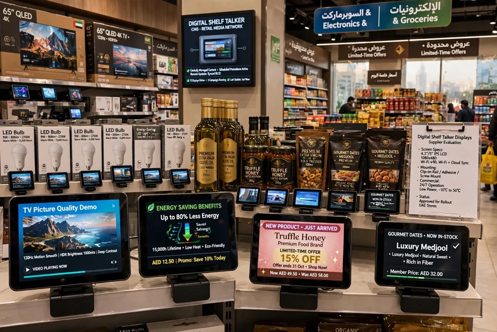 Electronic shelf labels displaying digital product prices on supermarket shelves