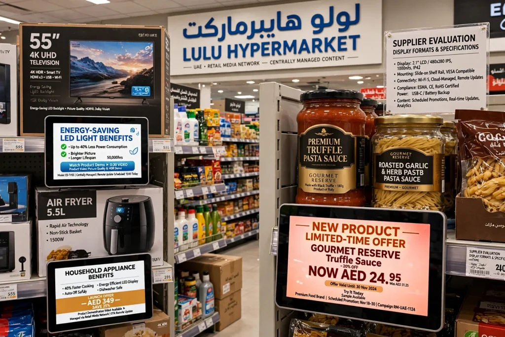 Digital shelf talker displays promoting products in a modern retail store