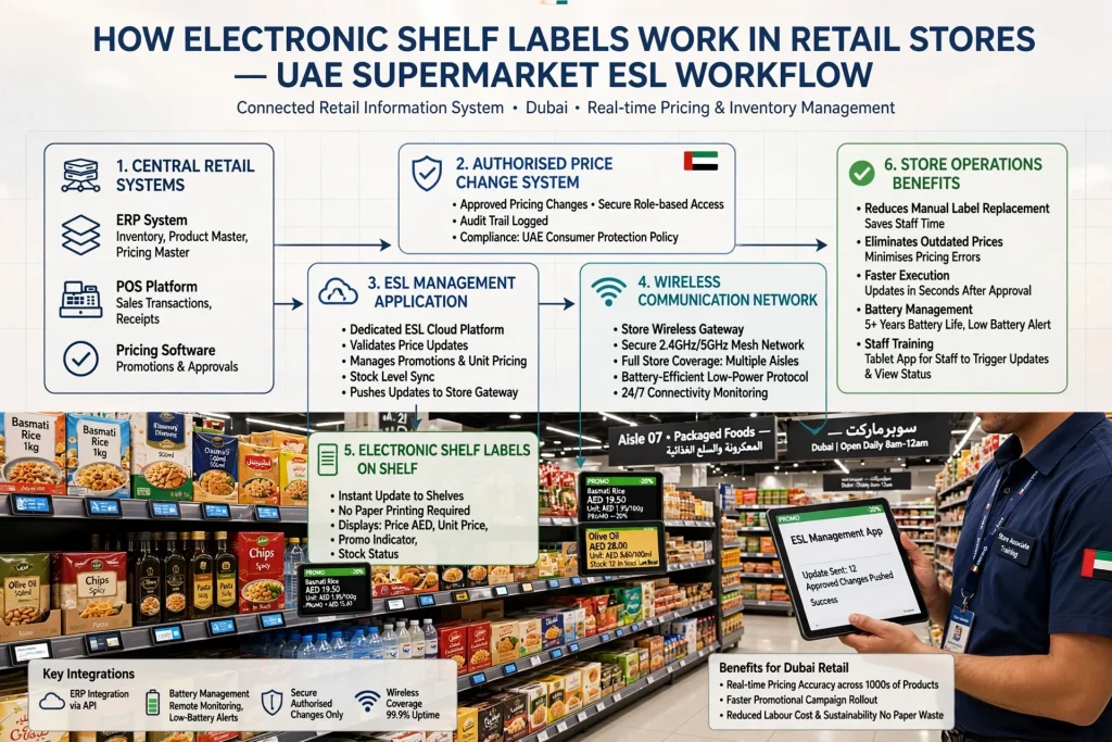 Electronic price tags showing product information and pricing on store shelves