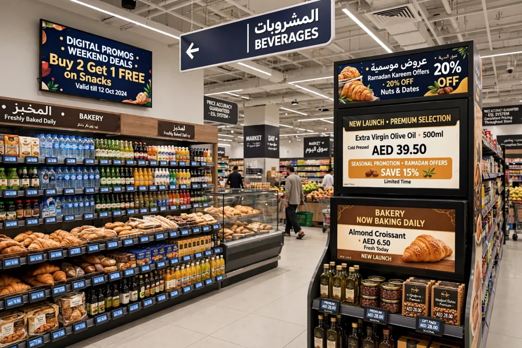 Digital shelf displays highlighting promotional offers and product benefits