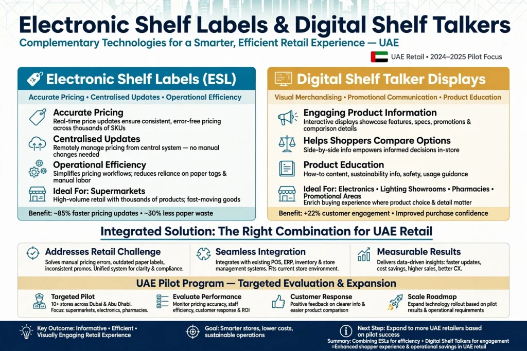 Smart retail shelf displays combining digital price labels and promotional screens