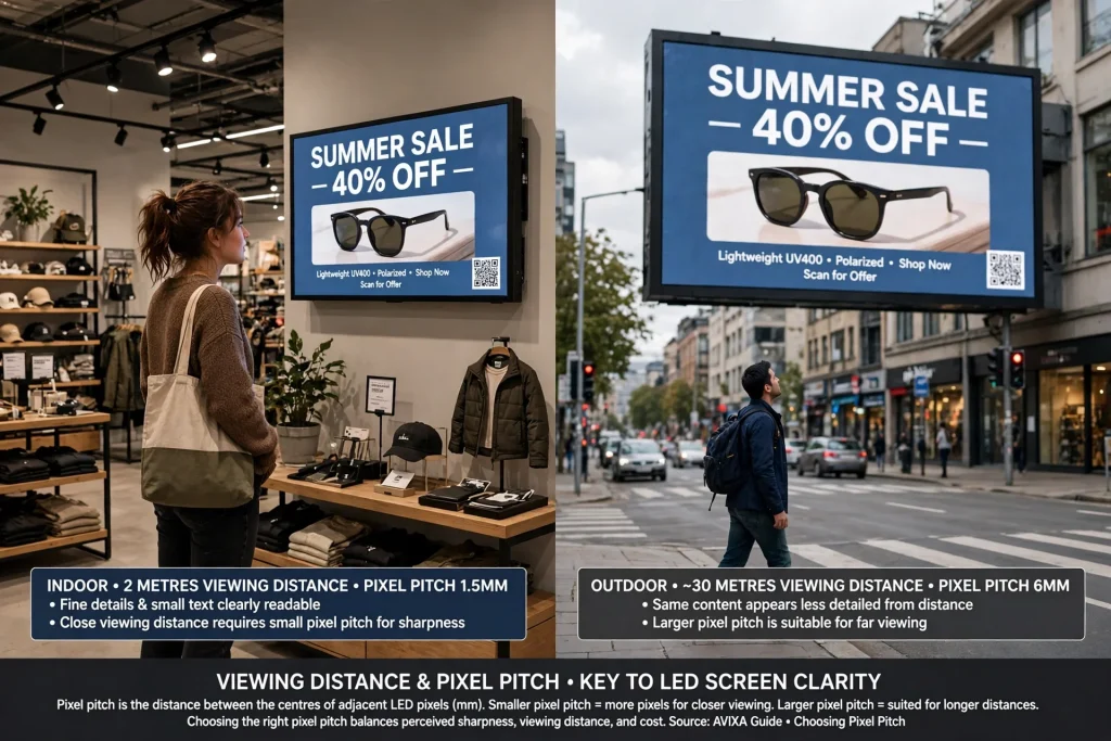 Chart explaining LED screen viewing distance based on pixel pitch