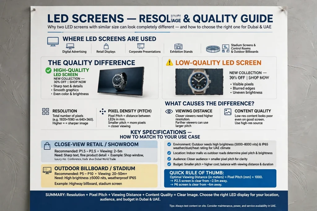 LED screen resolution showing how individual pixels combine to create a clear digital image