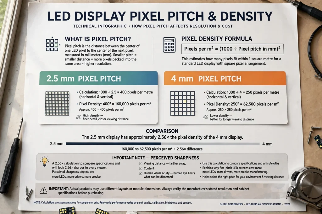 LED screen pixel pitch showing the distance between the centres of two adjacent pixels
