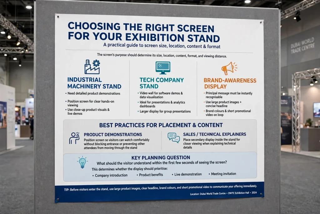 Exhibition stand design featuring a large LED screen with promotional graphics