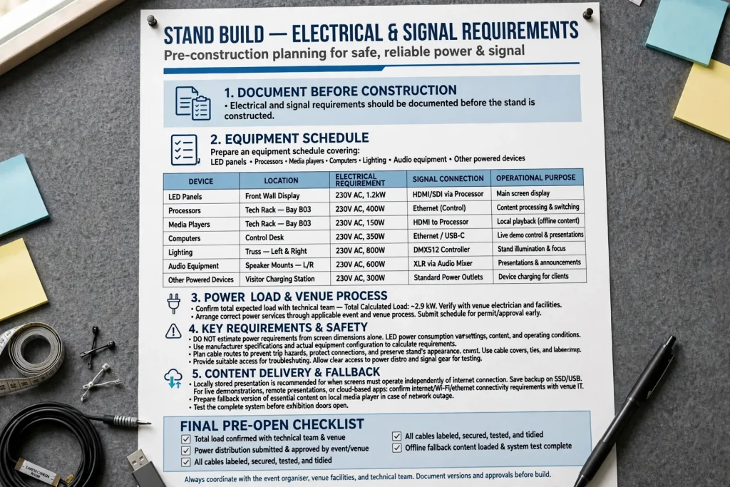 Exhibition designer planning LED screen dimensions and position on a booth layout