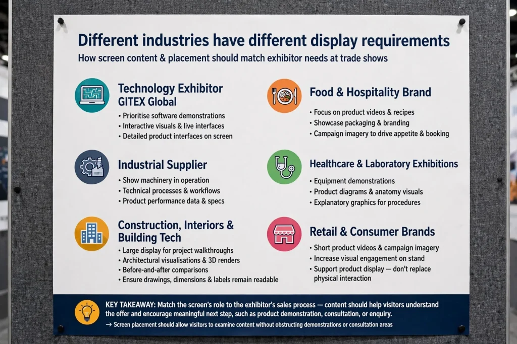 Digital LED display presenting promotional content at a business exhibition in Dubai