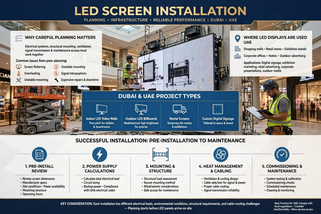 Technician planning LED screen installation with power supply, mounting and cable routing requirements