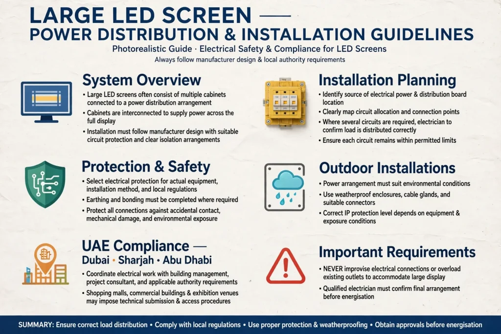 Electrical technician reviewing power requirements for a modular LED video wall
