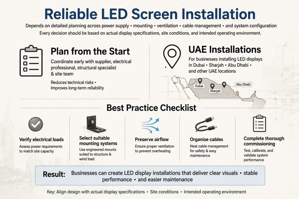 Electrical technician checking earthing and protective connections for LED display equipment